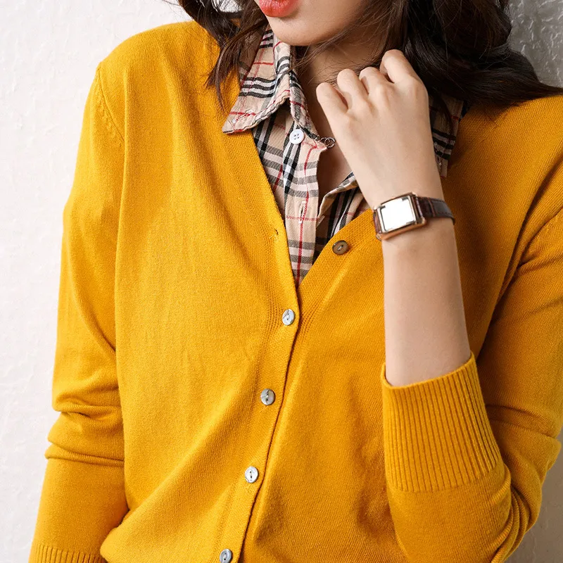 Knitted Cardigan Long Sleeve Button V-neck Cropped Sweater Coat - Ginger