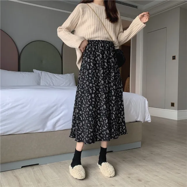 Floral New Fresh High Waist Slimming Korean style Midi A Line Skirt Black - Shop at LoveMi