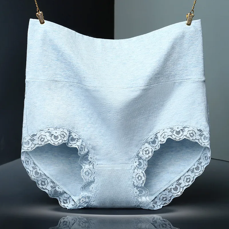 Solid Color Lace Trim Pure Cotton High Waist Briefs - Light Blue