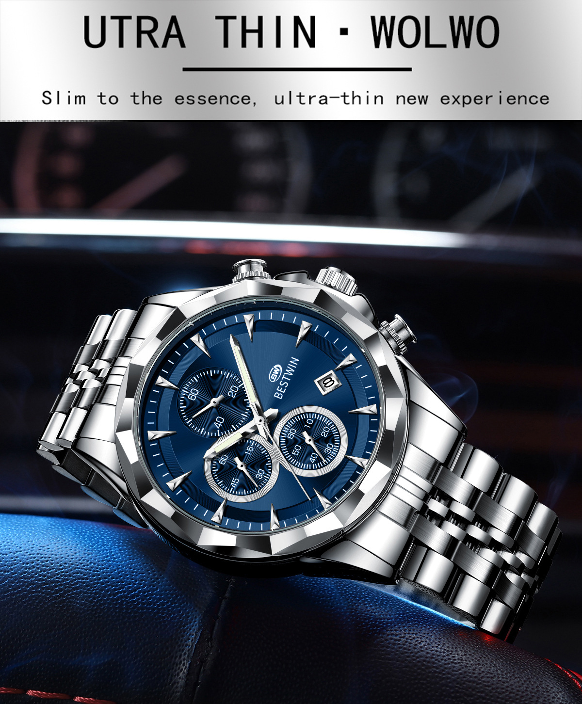 Bestwin BW1734 Luminous thin steel quartz watch for men