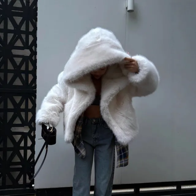 Hooded Faux Fur Coat With Fox Fur Trim White - Shop at LoveMi