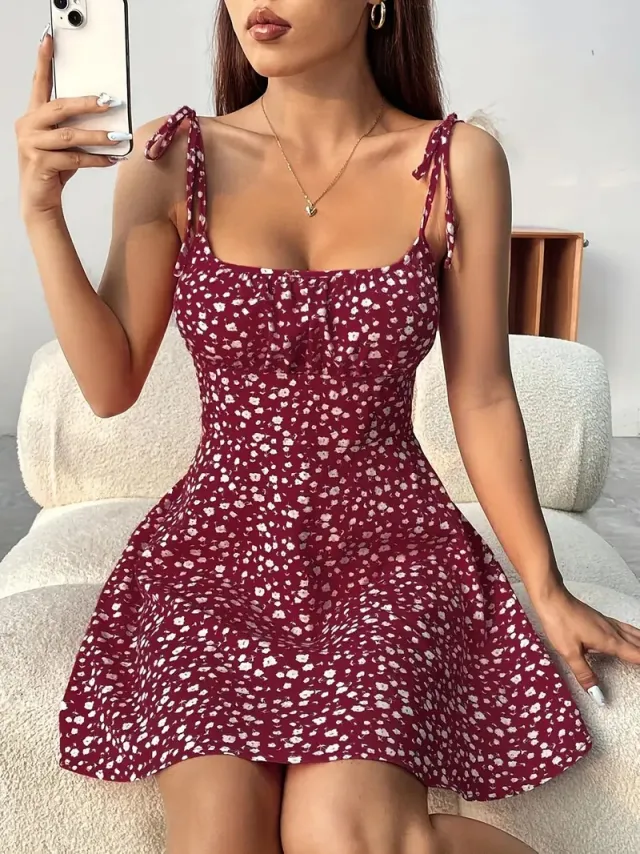 Summer French Floral Strap Dress Skirt Rouge Color - Shop at LoveMi
