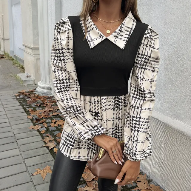 Contrast Color Temperament Pullover Long Sleeve Shirt Apricot - Shop at LoveMi