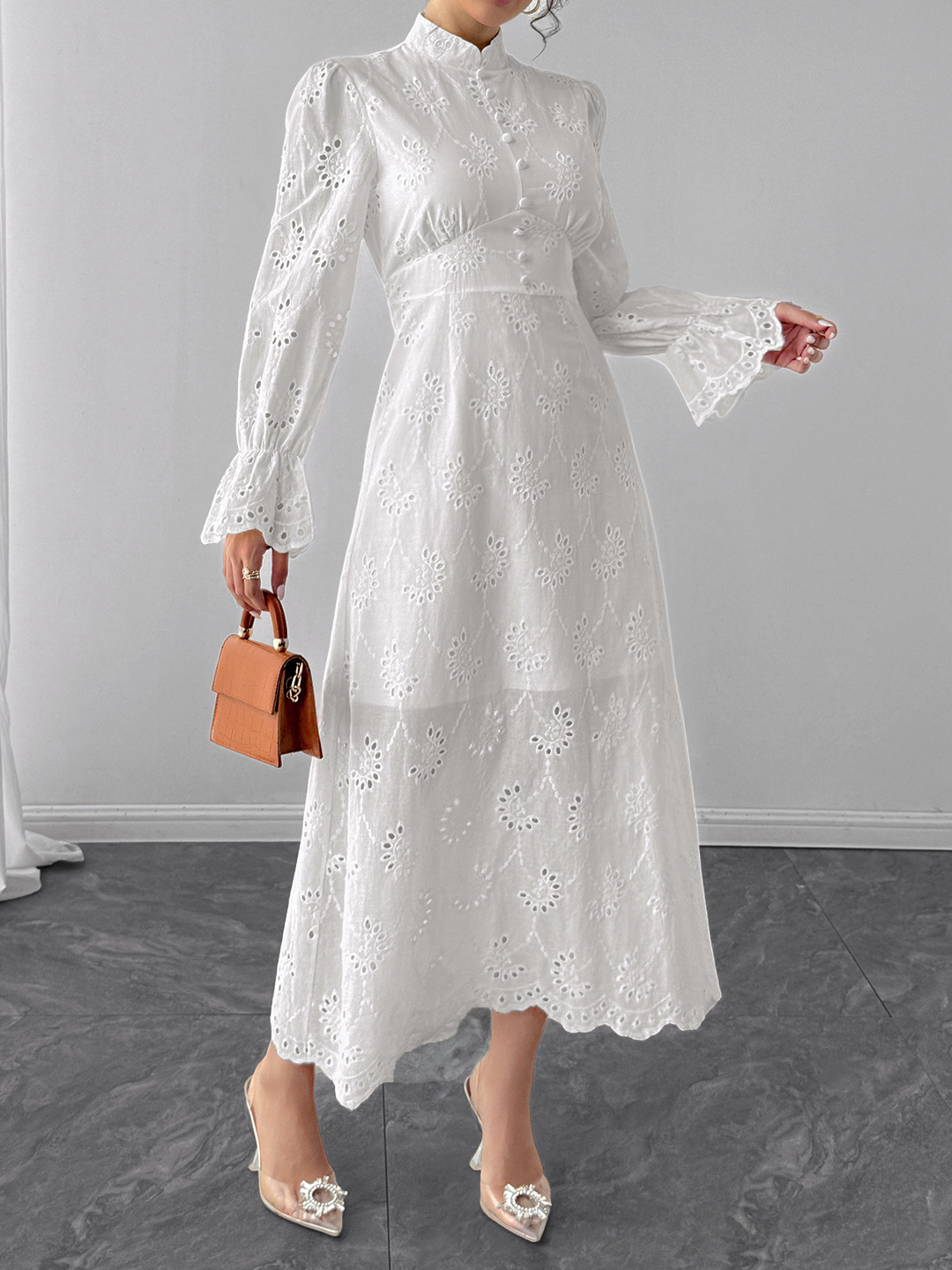 Elegant Vacation Long Sleeve Hollow Out Waist Cinching Button Dress White - Shop at LoveMi