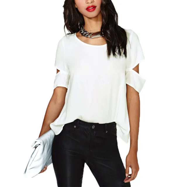 Summer Sexy Woman Short Sleeve Casual Chiffon Top Milky White - Shop at LoveMi
