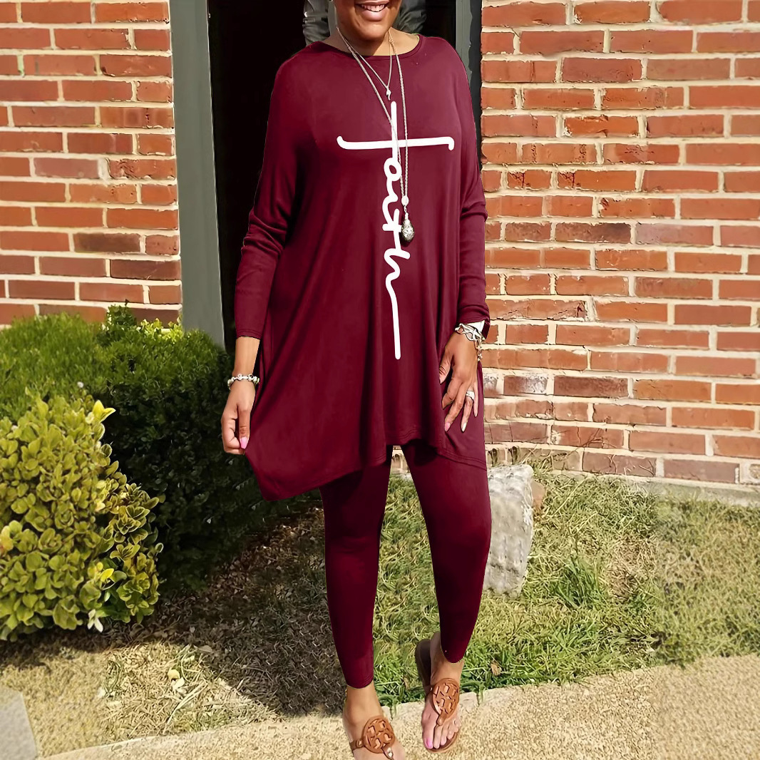 Round Neck Loose Long Sleeves Solid Color Printed Plus Size Women's Clothing Two-piece Set - Image 4