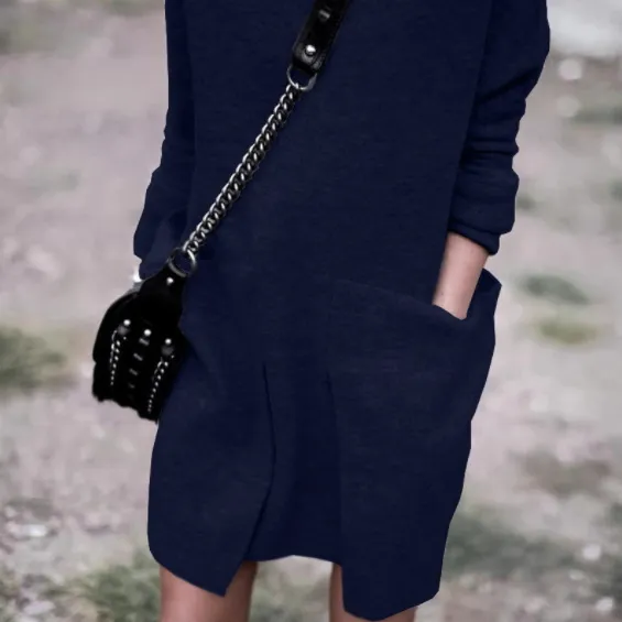 European And American New Autumn And Winter Fashion Round Neck Pocket Long Sleeve - Blue