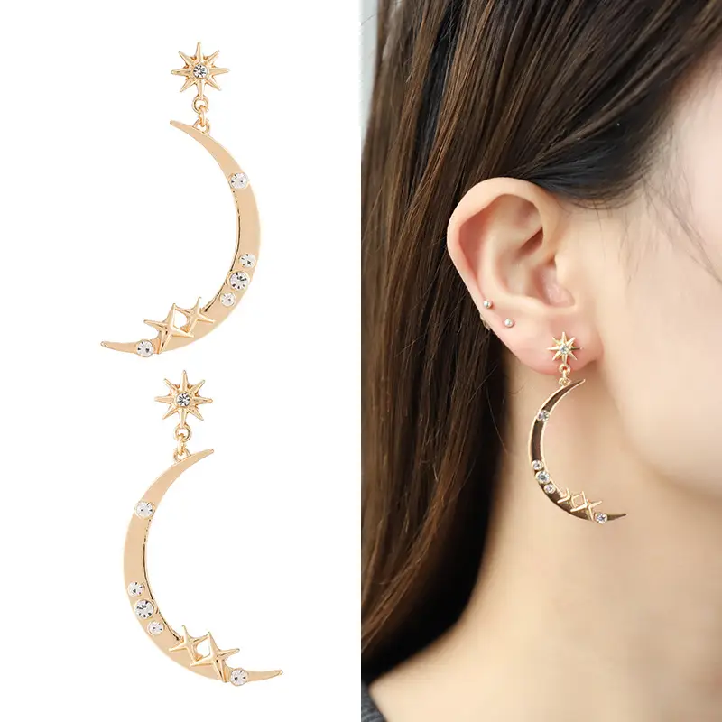 Star And Moon Necklace Earrings Ring Set Women