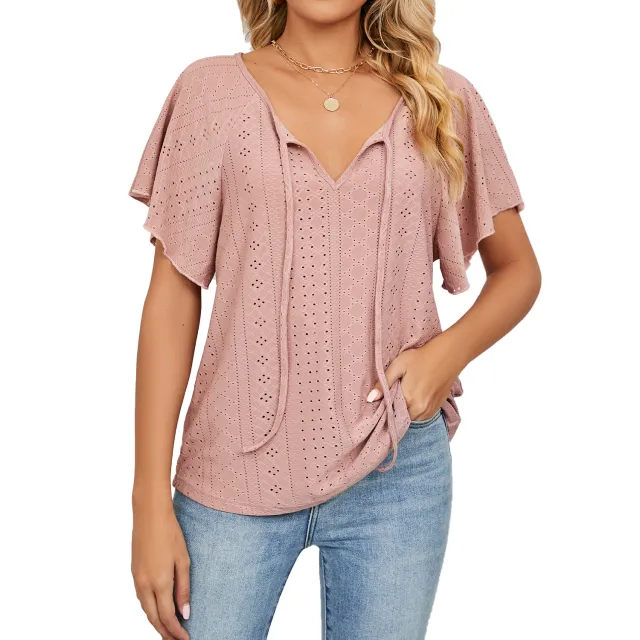 Spring And Summer New Solid Color And V neck Lace up Short Sleeve Loose T shirt Top Leather Pink - Shop at LoveMi