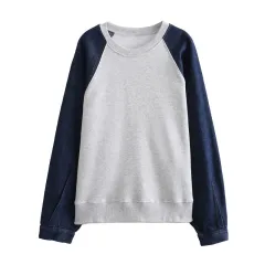 Denim Patchwork Sweater Elastic Waist Multicolour Hoodie Trousers Suit - Grey Plus Blue Sweater - View 1