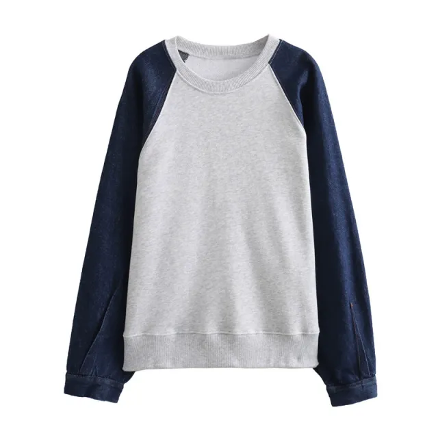 Denim Patchwork Sweater Elastic Waist Multicolor Hoodie Trousers Suit Gray Plus Blue Sweater - Shop at LoveMi