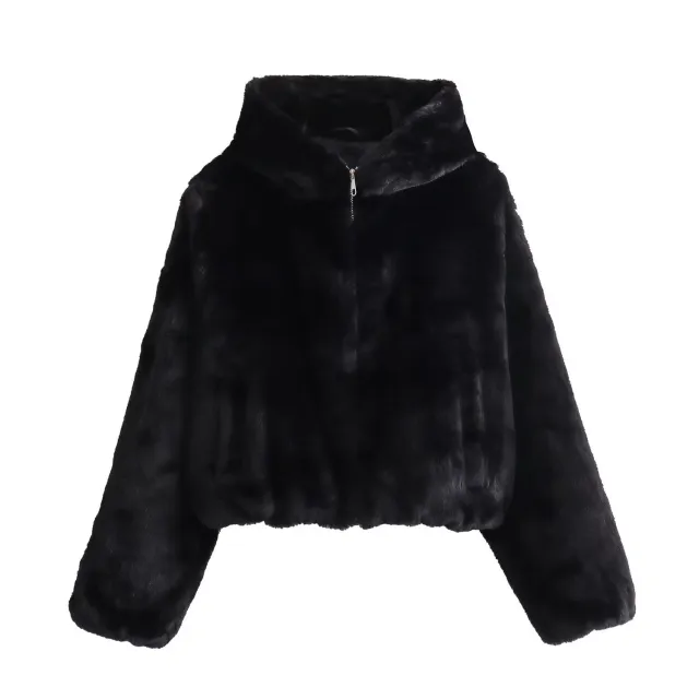 Womens Loose Fit Faux Fur Hoodie For FallWinter Black - Shop at LoveMi