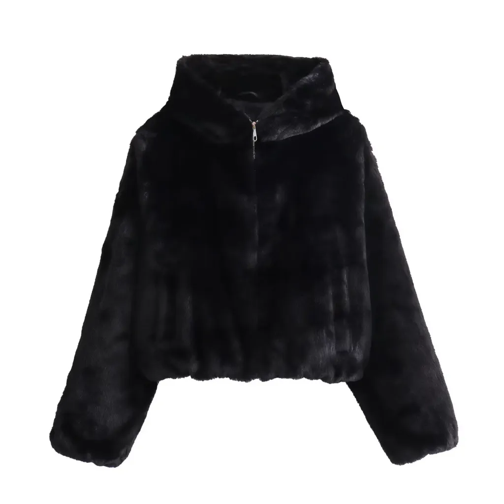 Womens Loose-Fit Faux Fur Hoodie For FallWinter - Black