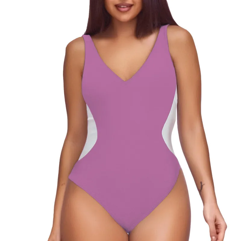 Women's One-piece Deep V Contrast Color Swimsuit - Peach-Xxl