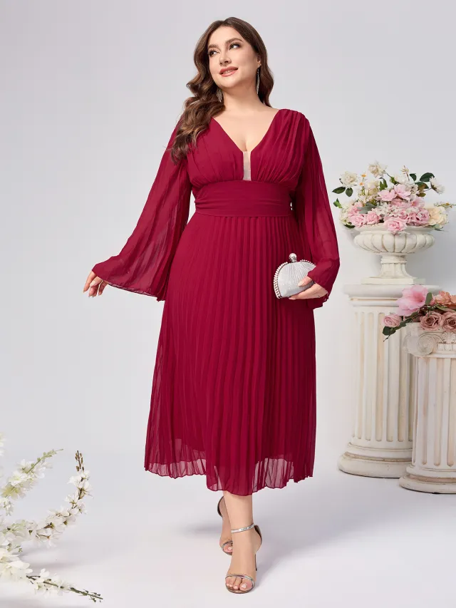 Plus Size Dress Women's V neck Long Sleeve Wine - Shop at LoveMi