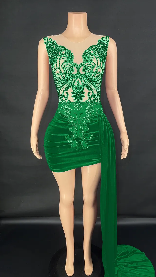 Summer Luxury Evening Dress Female Singer Stage Costume Senior Dress Side Trailing Skirt Green - Shop at LoveMi
