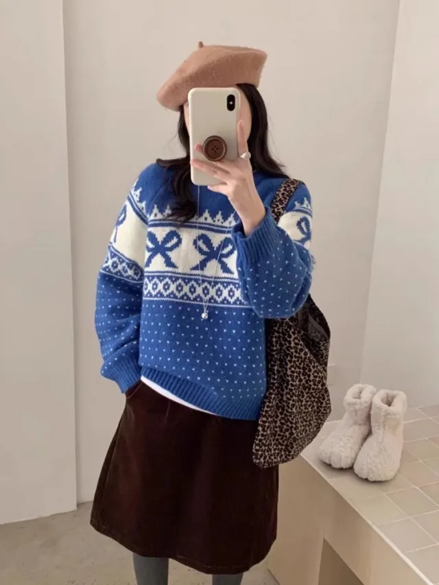 Women's Korean style Vintage Jacquard Round Neck Sweater With Bow Blue - Shop at LoveMi