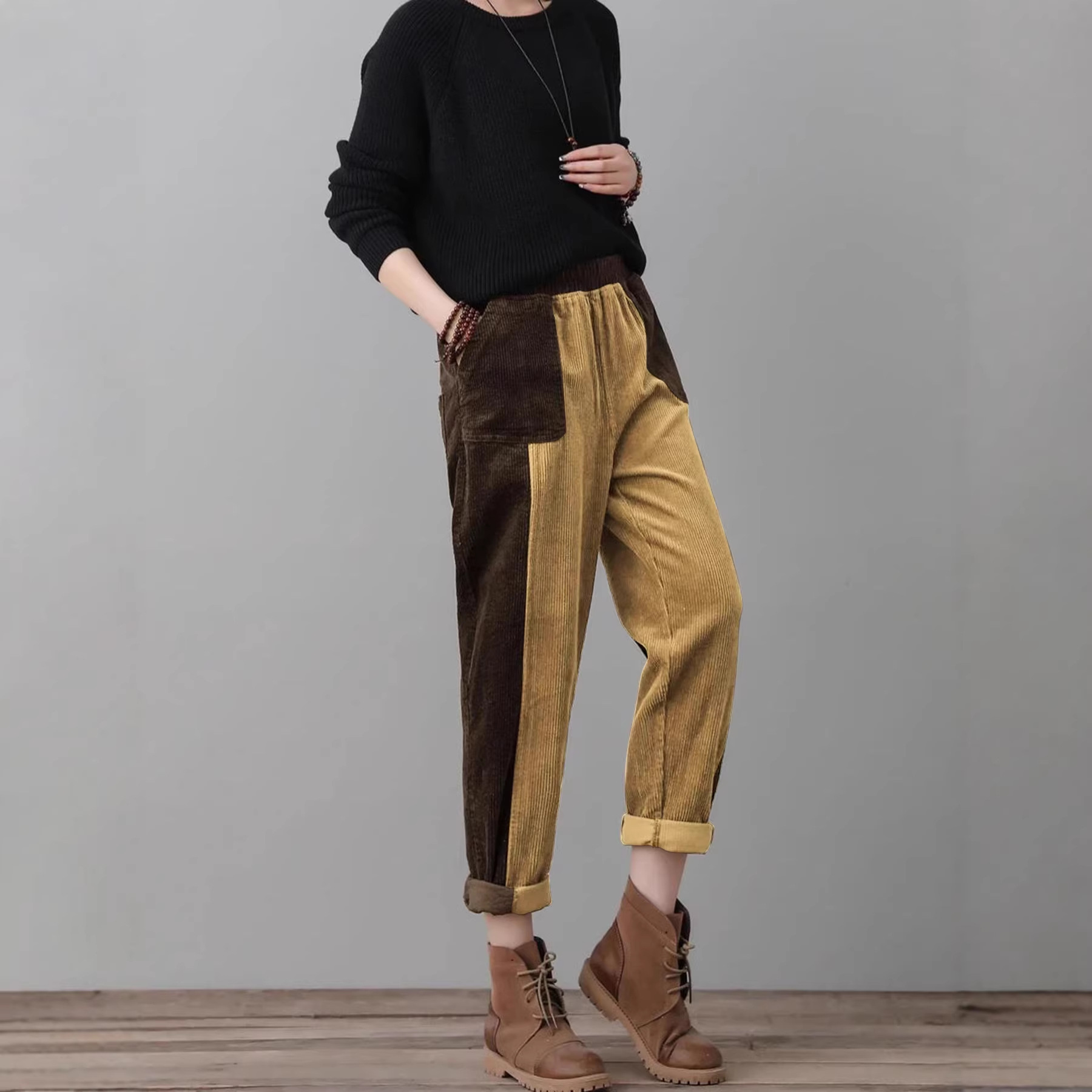 Corduroy Casual Pants With Elastic Waist Slim-fit Trousers