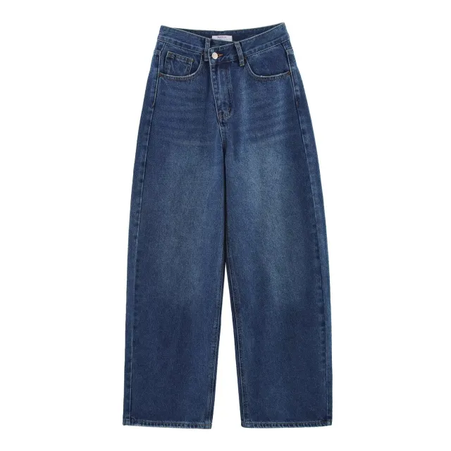 Casual All match Double Breasted High Waist Loose Jeans Dark Blue - Shop at LoveMi