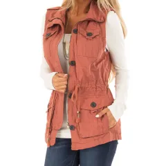 Solid Colour Buttons Retro Drawstring Slim Fit Multi-pocket Women's Cardigan Vest - Pink - View 1