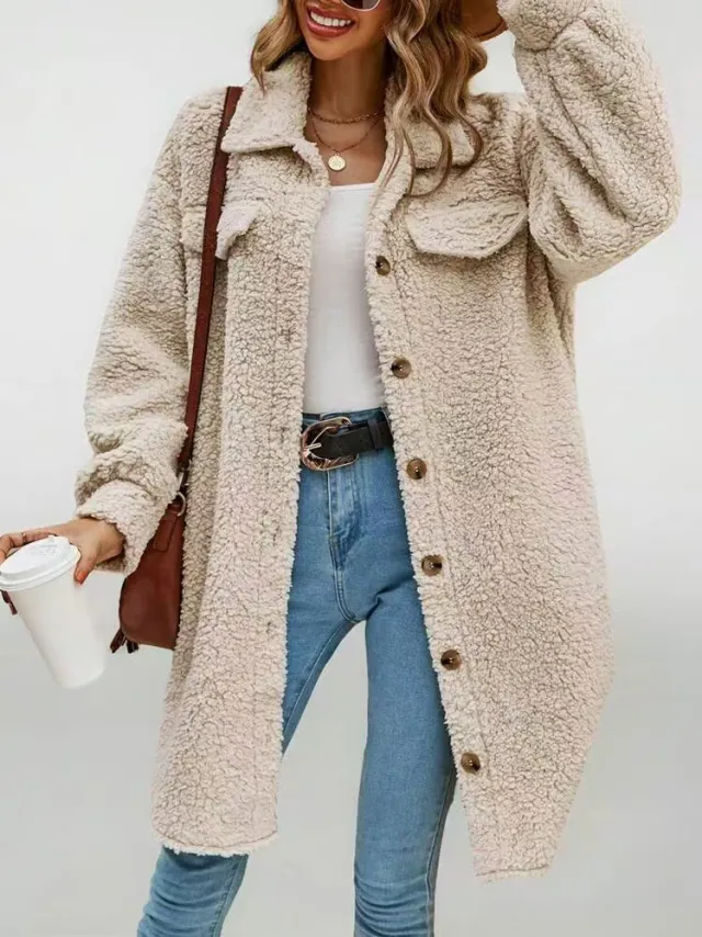 Women's Teddy Bear Plush Mid Length Hooded Faux Fur Coat Apricot - Shop at LoveMi