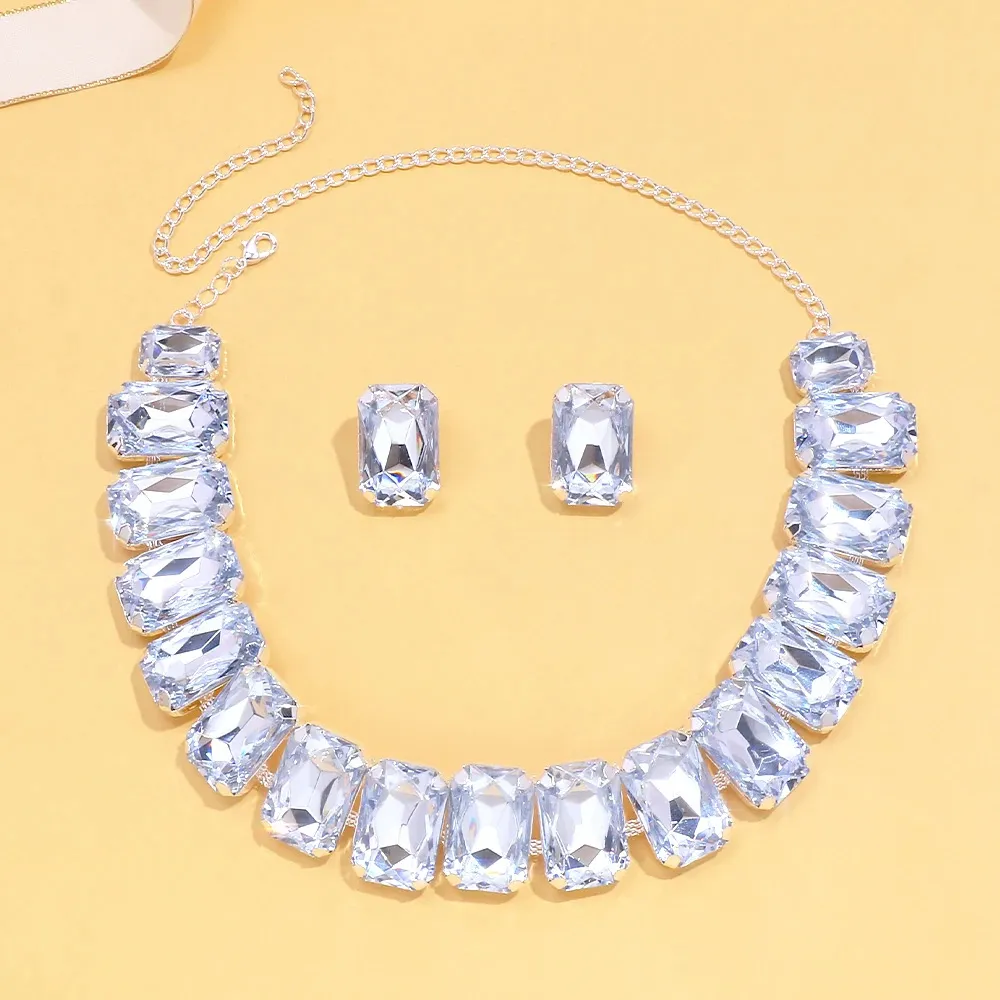 Light Luxury Geometric Crystal Necklace Suit Square Exaggerated Earrings Jewellery Set Decorations - Silver