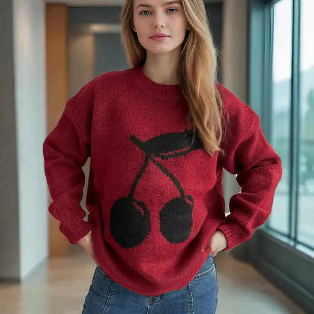 Cherry Jacquard Women's Sweater Round Neck Loose Sweater Idle Style Red - Shop at LoveMi
