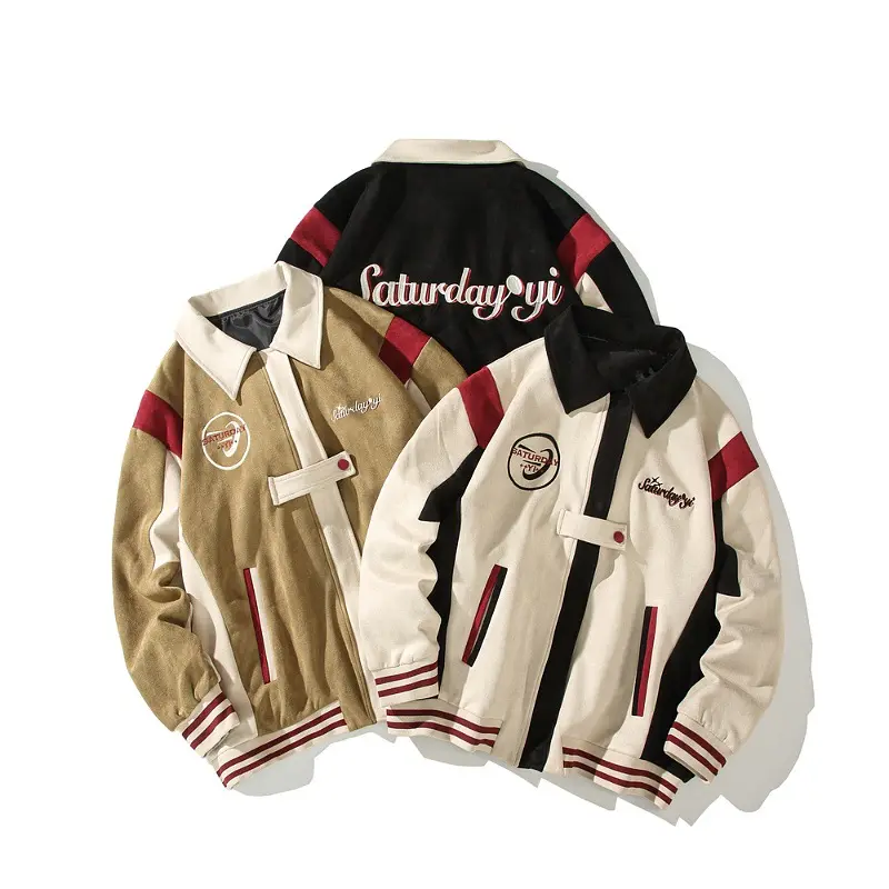 American Retro Color Block Embroidery Turn-down Collar
