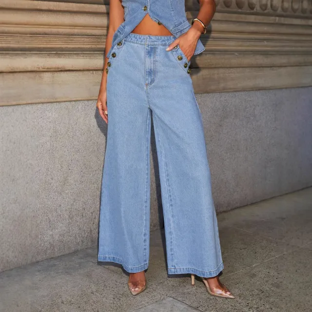 Denim Vest Suits Fashion Sleeveless Button Tops And Wide Leg Straight Pants With Pockets Women's Trousers Set Blue - Shop at LoveMi