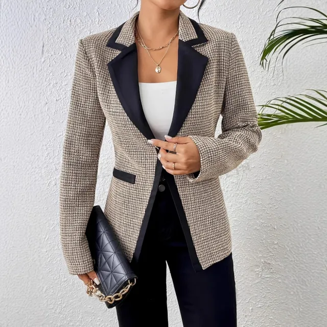 Graceful And Fashionable Houndstooth Color Matching Plaid Graceful Suit Jacket Apricot Plaid - Shop at LoveMi