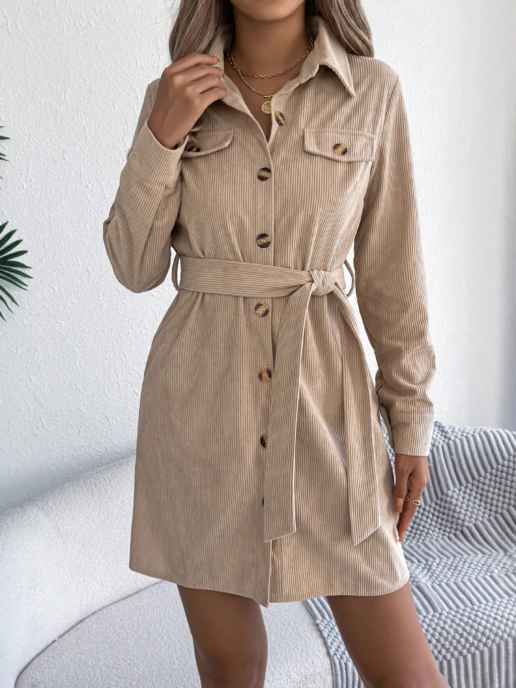 Casual Solid Color Single-breasted Long Sleeve Lace-up Corduroy Shirt Dress - Khaki