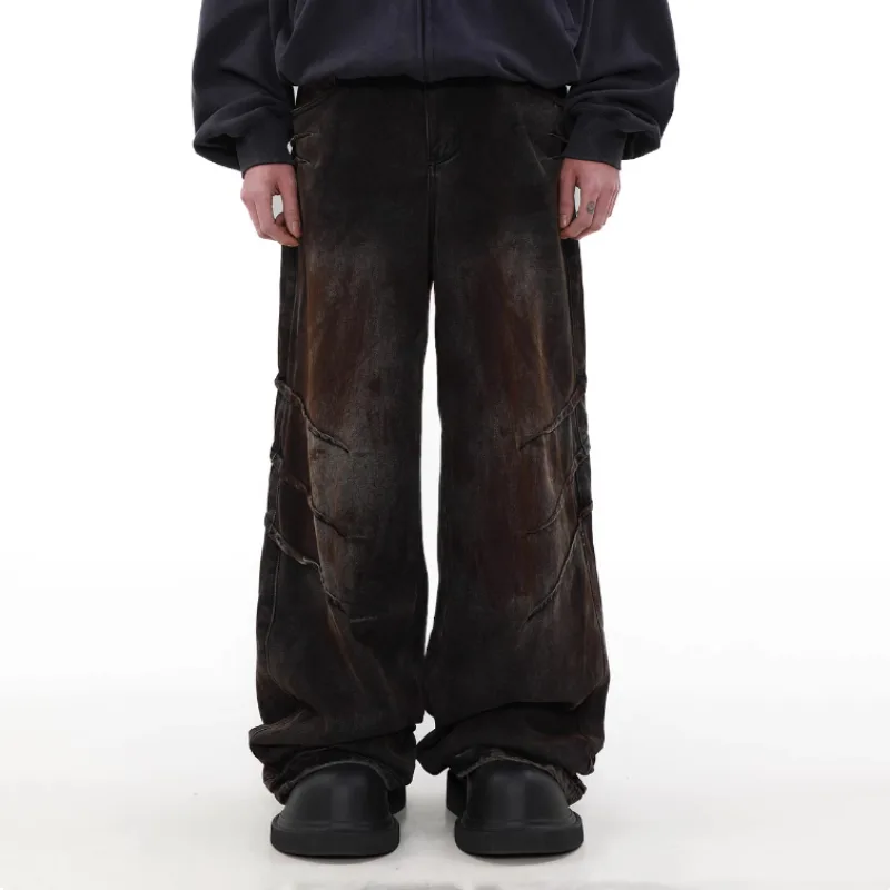 Distressed and Dirty Waste Jeans Men's Baggy Straight Trousers