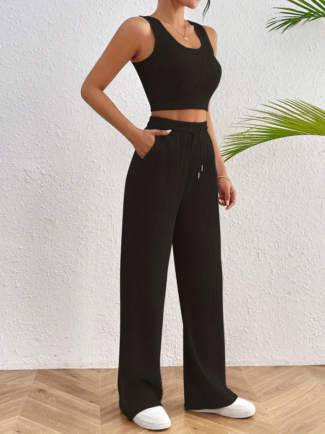 Women's Sports Fashion Casual Vest Loose Trousers Two piece Set Black - Shop at LoveMi