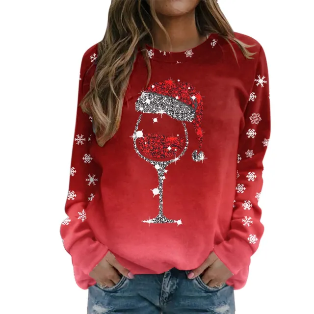 European And American Loose Christmas Sweater Round Neck Print Long Sleeves Red - Shop at LoveMi