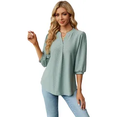 Solid Color Lace Collar Jacquard Long Sleeve Loose-fitting T-shirt Top - Green - View 1