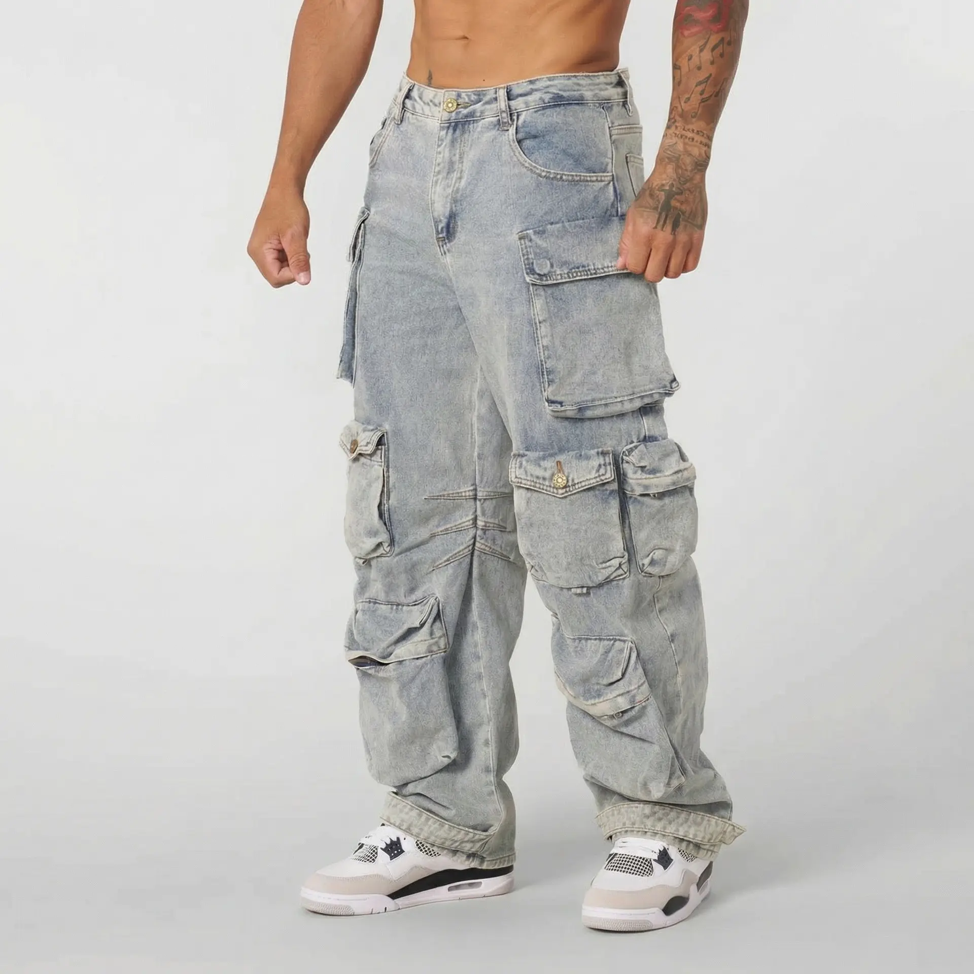 Mens Retro-style Loose-fit Washed Straight-leg Denim Jeans