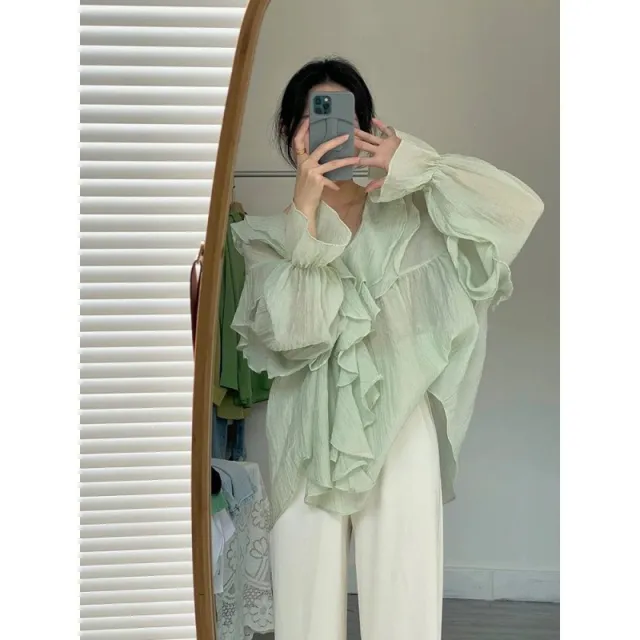 Women's Ruffled V neck Puff Sleeve Shirt With Fashionable Design Green - Shop at LoveMi