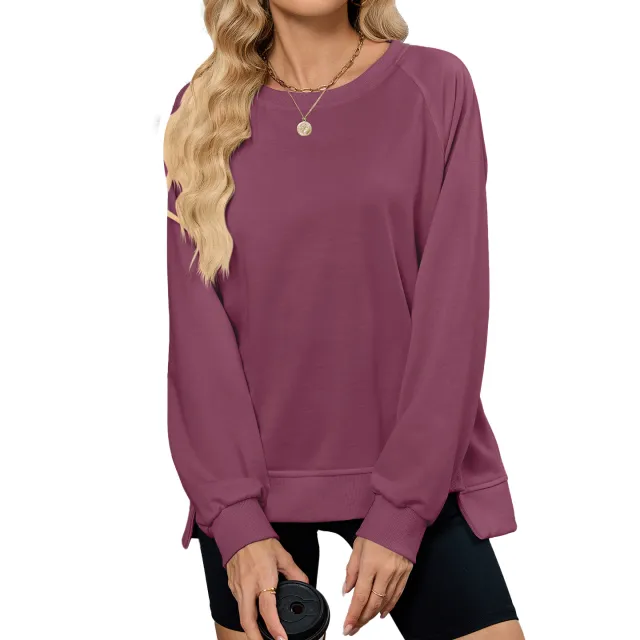 Solid Color Thread Round Neck Long Sleeve Loose Sweatshirt Women's Top Wine Red - Shop at LoveMi