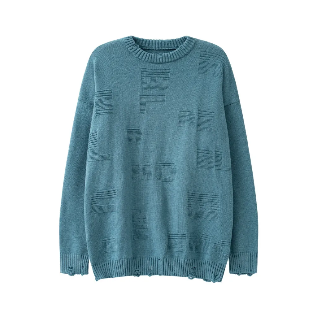 Street Fashion Letter Jacquard Round Neck Ripped Sweater - Blue