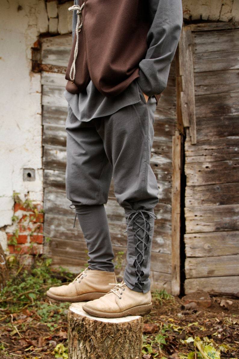 Men's Elastic Waist Belt And Lace-up Calf Washed Cotton Trousers
