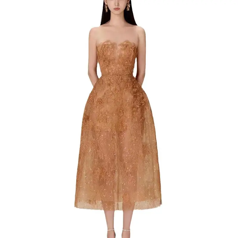 Three-dimensional Flower Sequins See-through Heavy Industry Tube Top Light Luxury Dress
