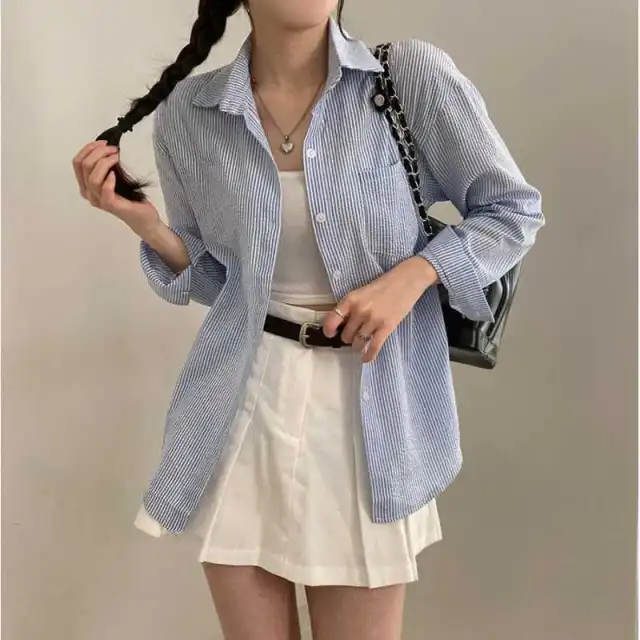 French Classic Striped Pleated Loose Pockets Long Sleeve All matching Shirt Blue - Shop at LoveMi