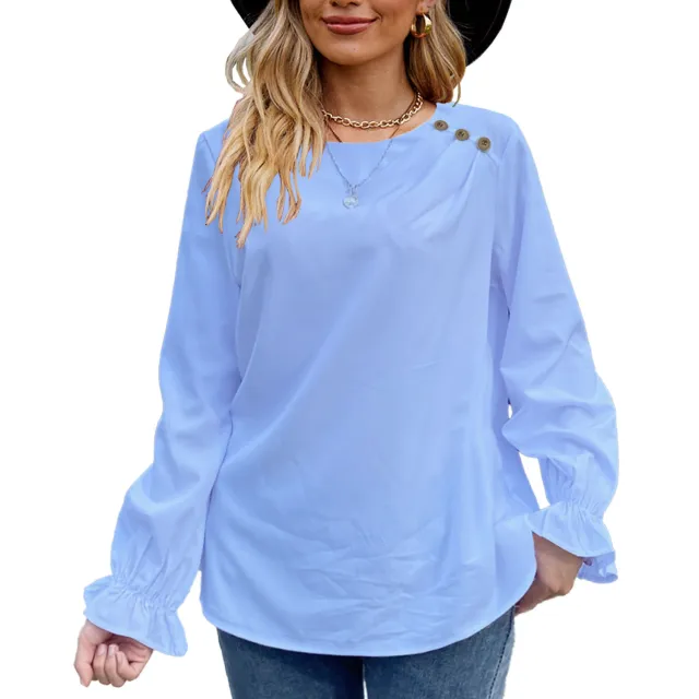 European And American Solid Color Buttons Loose Round Neck Long Sleeve Shirt Blue - Shop at LoveMi