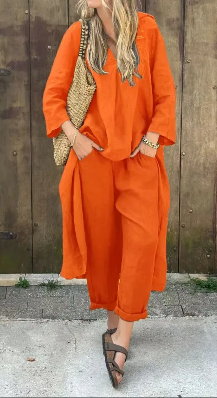 Long-sleeved Suits Loose V-neck Long Top And High Waist Wide Leg Pants With Pockets Women's Clothing - Orange