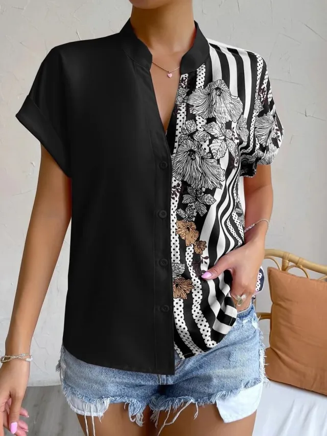 Double Contrast Color Floral Button Cardigan Short Sleeve Shirt Black - Shop at LoveMi