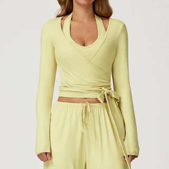 Brushed Yoga Long Sleeve One Piece Strap Yoga Clothes Sports Workout Clothes Yellow - Shop at LoveMi