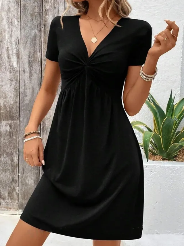 Sleeveless V neck Design Chest Kinked Pleated Waist Tight Dress Short Sleeve Black - Shop at LoveMi