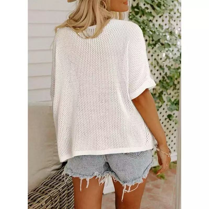 Women's hollow-out drop-shoulder top color options: army green, black, blue, khaki, pink, white