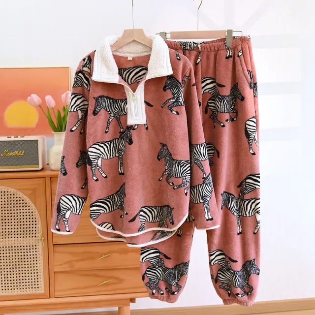 Women's Zipper Collar Pullover Flannel Pajamas Suit Red Zebra Suit - Shop at LoveMi