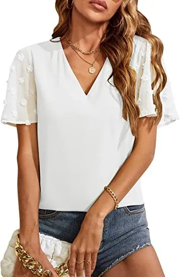 Women's Chiffon Shirt Fur Ball Short Sleeve Shirt White - Shop at LoveMi